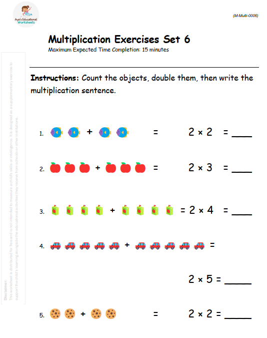 Multiplication by 2 for Kindergarten and Grade 1 Students