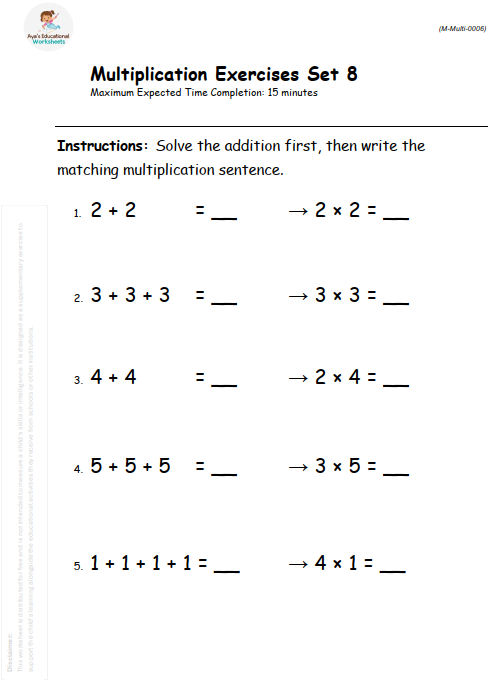 Repeated Addition to Multiplication for Kindergarten and Grade 1 Students