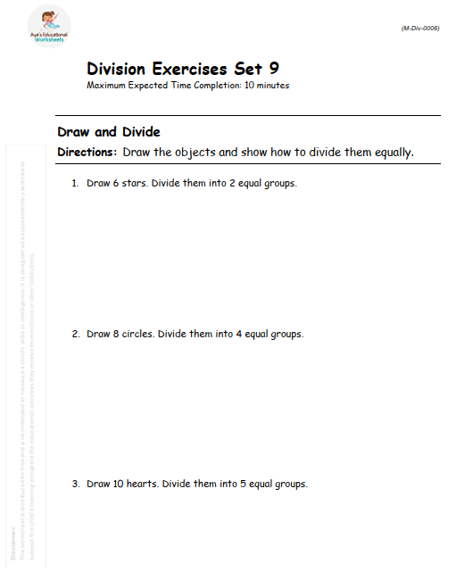 Draw the objects and show how to divide them equally.