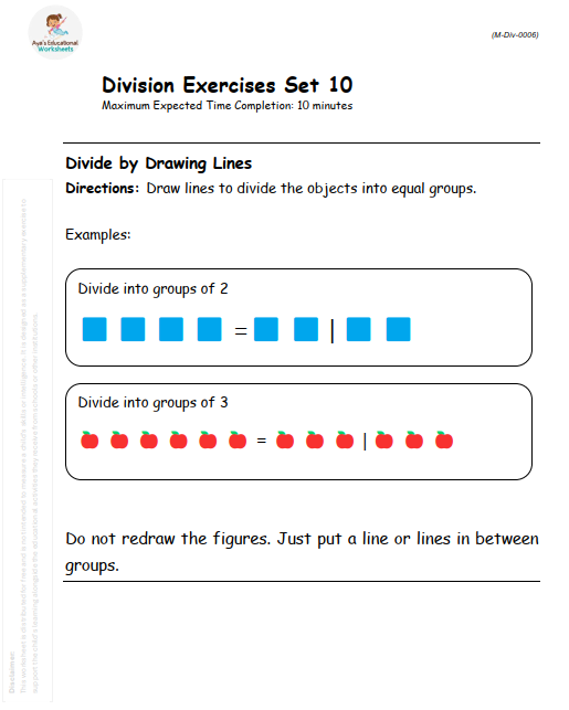 Draw lines to divide the objects into equal groups