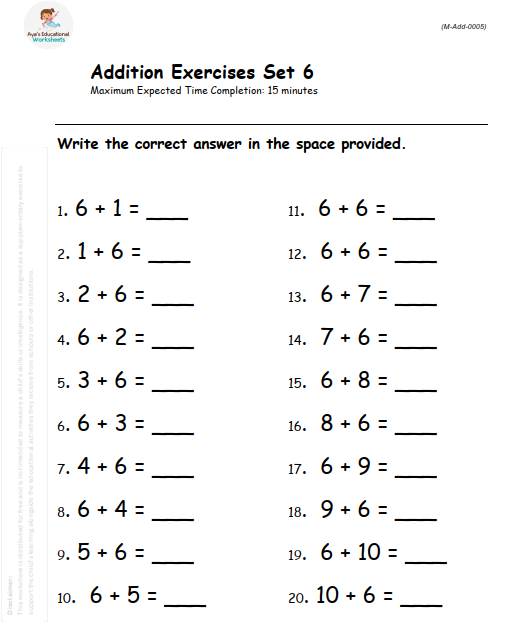 Commutative Property of Addition: Adding 6 to Numbers 1 to 10