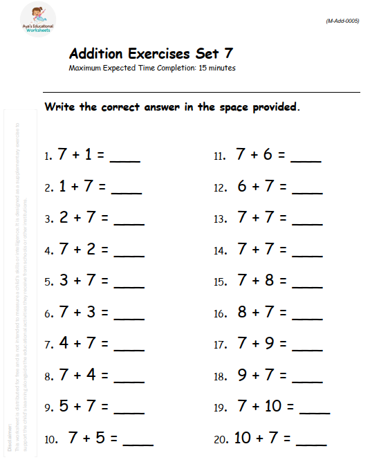 Commutative Property of Addition: Adding 7 to Numbers 1 to 10