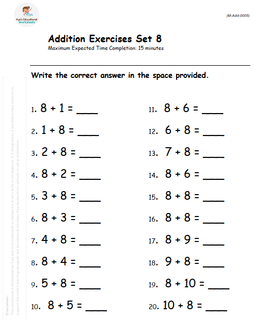 Commutative Property of Addition: Adding 8 to Numbers 1 to 10