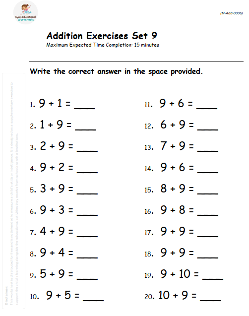 Commutative Property of Addition: Adding 9 to Numbers 1 to 10
