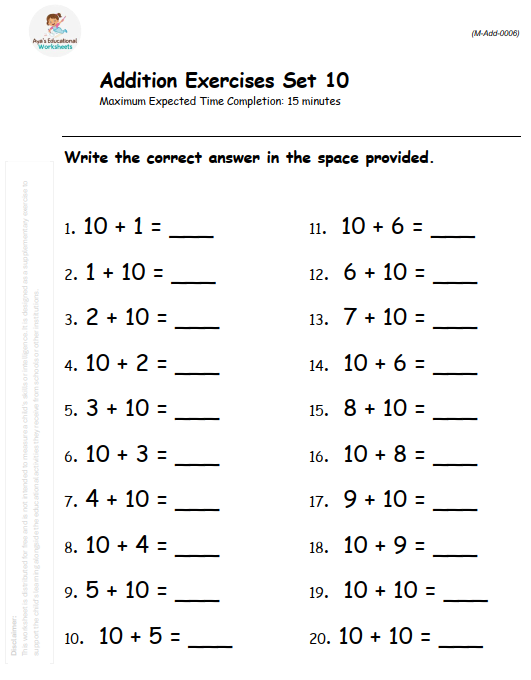 Commutative Property of Addition: Adding 10 to Numbers 1 to 10