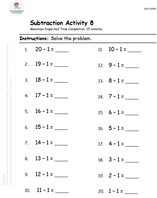 Subtracting by 1s: From 20 to 1