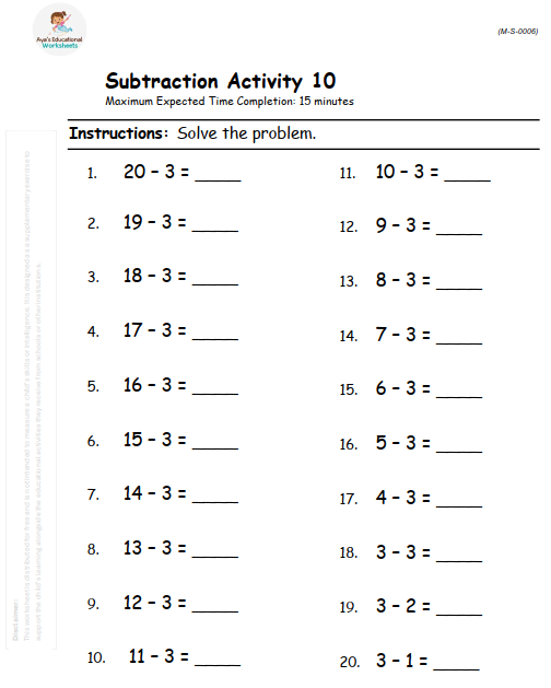 Subtracting by 3s: From 20 to 3