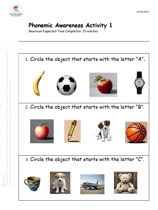Worksheet R-PA-001: Beginning sounds and sound isolation with pictures