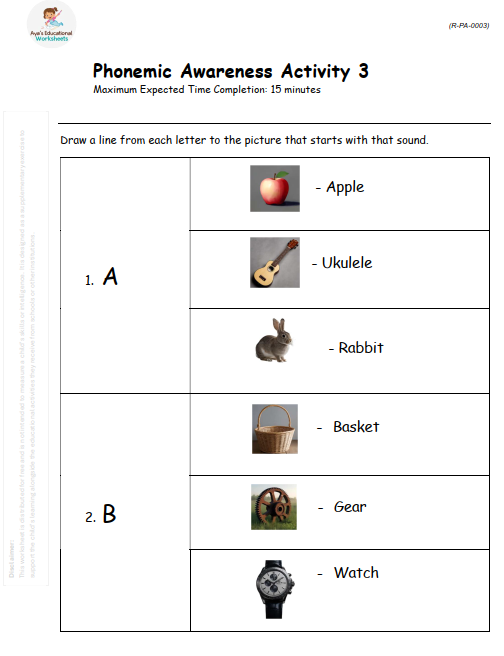 Worksheet R-PA-003: Draw a line to the correct first letter