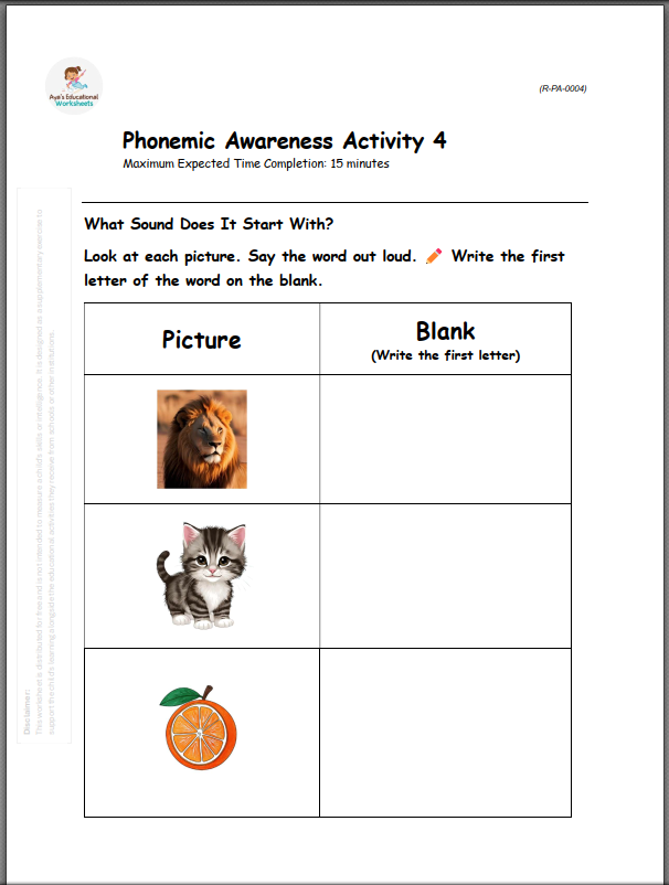 Worksheet R-PA-004: Identify the starting sound of object