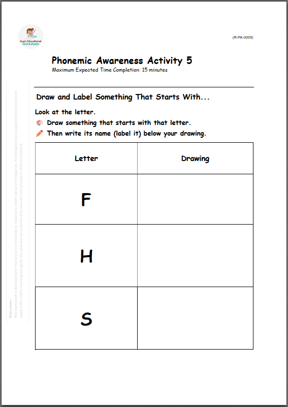 Worksheet R-PA-005: Draw and label something that starts with the given letter