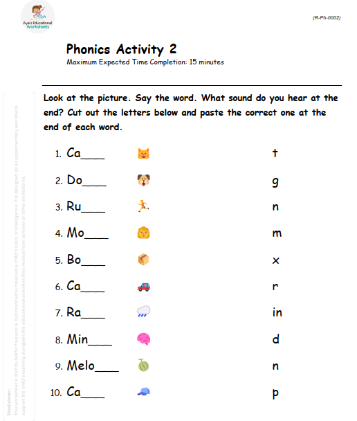 Worksheet R-Ph-002: Ending sounds phonics practice