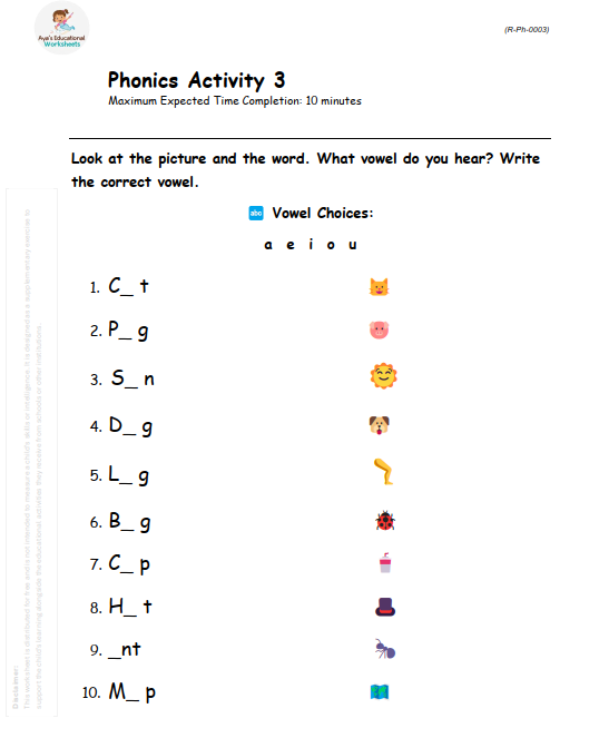 Worksheet R-Ph-003: Missing vowel worksheet