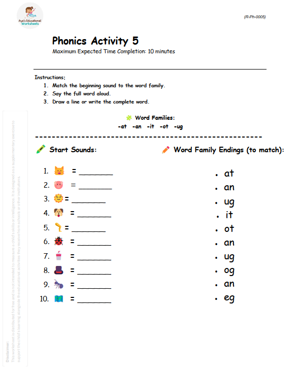 Worksheet R-Ph-005: Word families identification worksheet