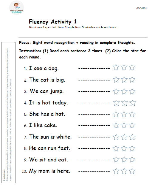 Worksheet R-F-001: Sight word recognition and complete thought reading