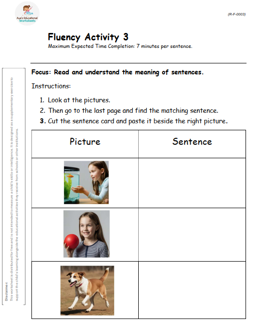 Worksheet R-F-003: Picture and sentence matching activity