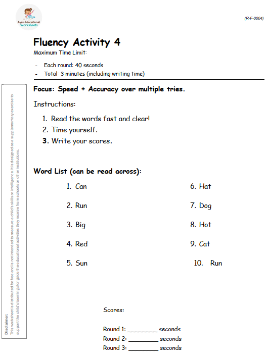 Worksheet R-F-004: Fast reading fluency drill