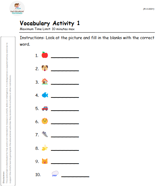 Worksheet R-V-001: Match pictures with their correct words