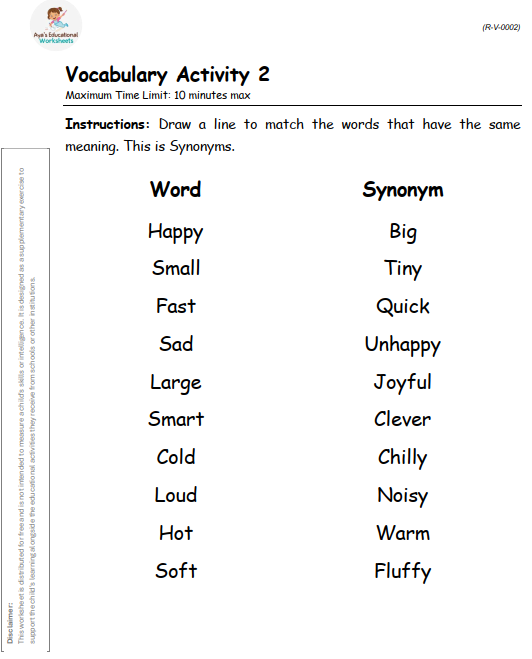 Worksheet R-V-002: Match words with their synonyms