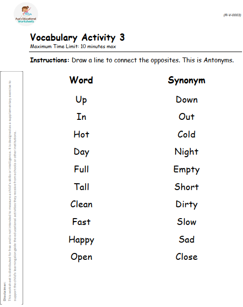 Worksheet R-V-003: Match words with their antonyms