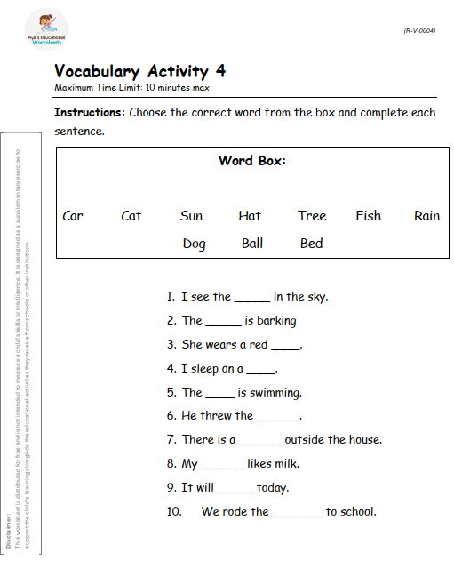 Worksheet R-V-004: Identify the correct word used in a sentence