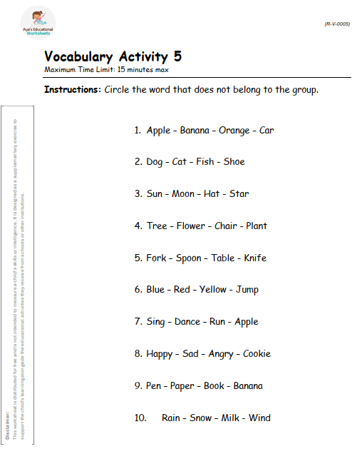 Worksheet R-V-005: Choose which word or image doesn’t belong