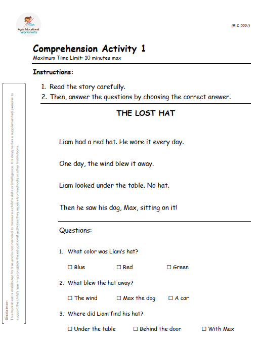 Worksheet R-C-001: Reading comprehension story - The Lost Hat