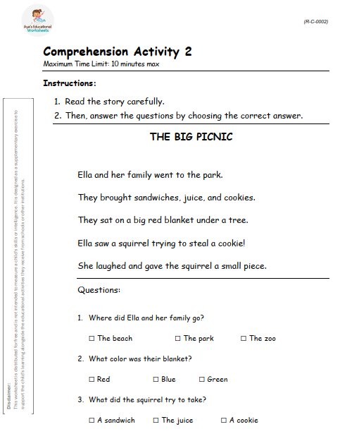 Worksheet R-C-002: Comprehension passage - The Big Picnic