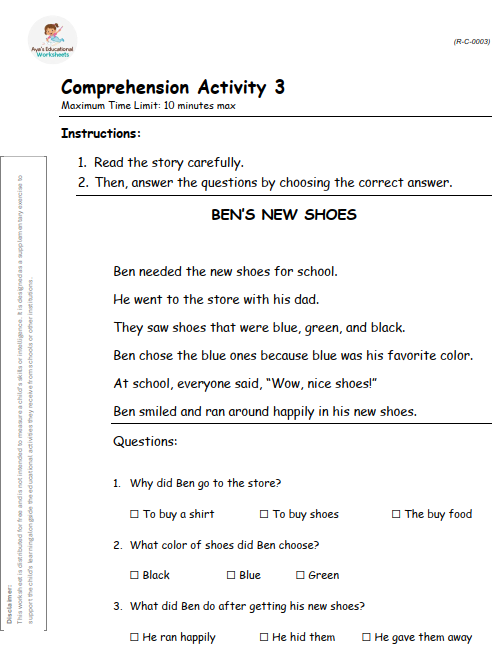 Worksheet R-C-003: Comprehension questions based on Ben’s New Shoes
