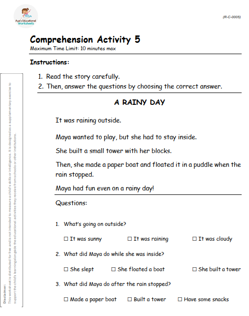 Worksheet R-C-005: Story-based comprehension - A Rainy Day