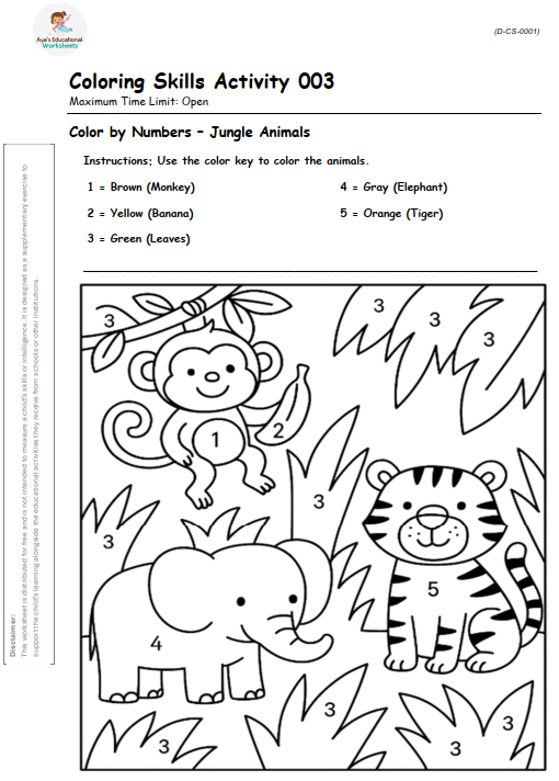 Worksheet D-CS-001-003: Color by numbers - jungle animal