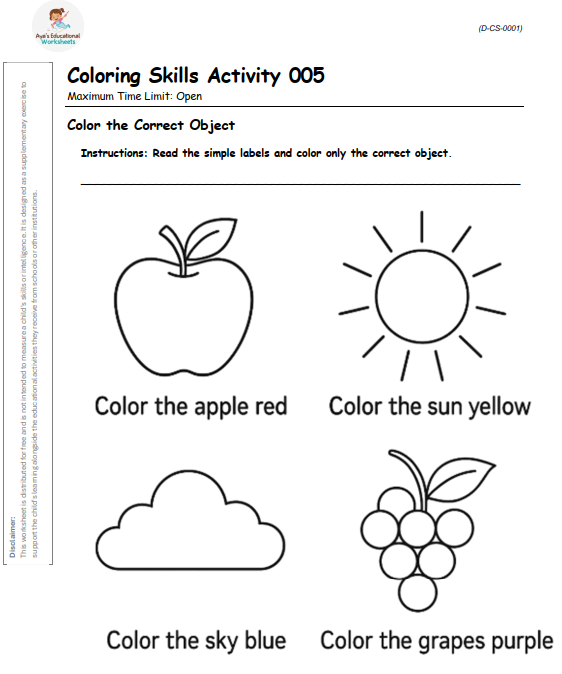 Worksheet D-CS-001-005: Color the correct object based on label